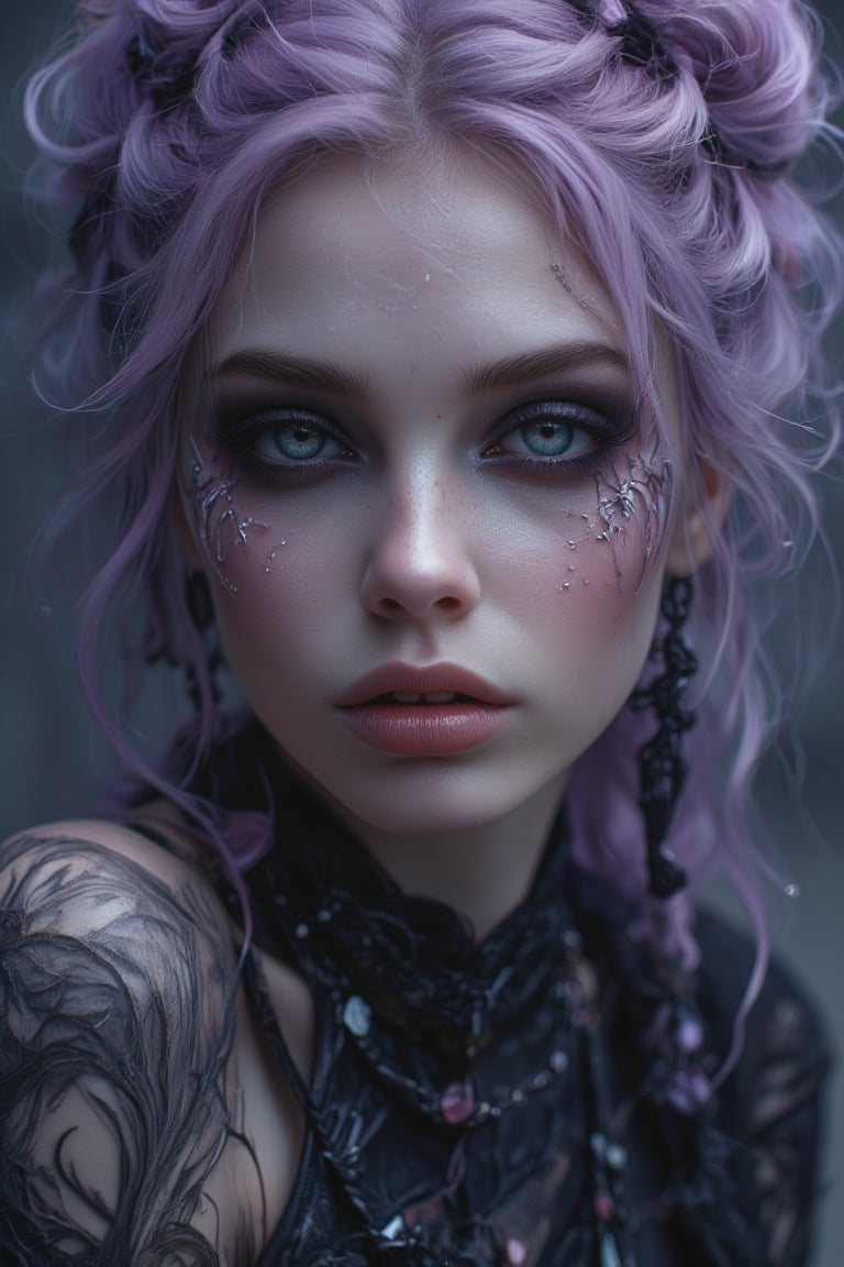 extreme close up, 1 girl,  boho/goth girl, with  smokey goth makeup ,lilac hair in a bun, tendrils hang down , long single strap black dress, black sandals, jewels, hayv kahraman style