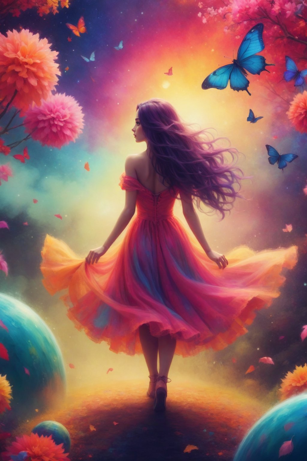 create a mysterious, captivating image, background is bright and colourful