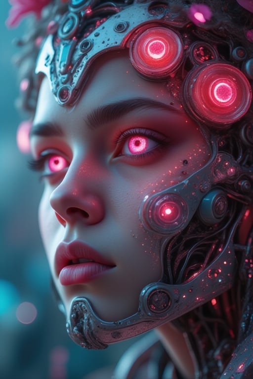 combine the below to create an image beauitful cyborg/human mix with flower essence, looking at camera, light and crystals