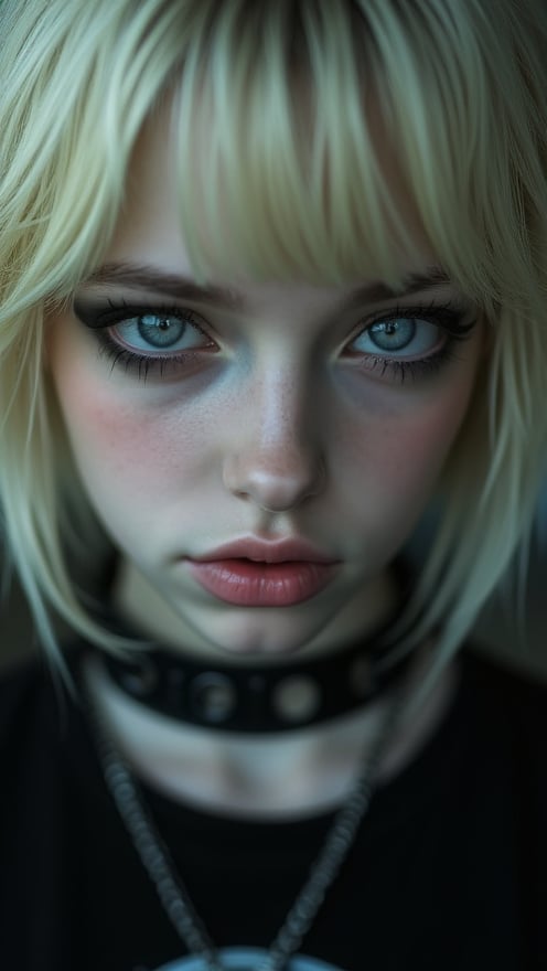 ((top quality)), ((masterpiece)), close portrait view of a young gothic girl with a  hairstyle of punky, ((front view,)) With a black T-shirt, black shaded eyes, Very light blue eyes, very short blonde hair, intricate details, highly detailed eyes, highly detailed mouth, cinematic image, illuminated by soft light,photo of perfecteyes eyes