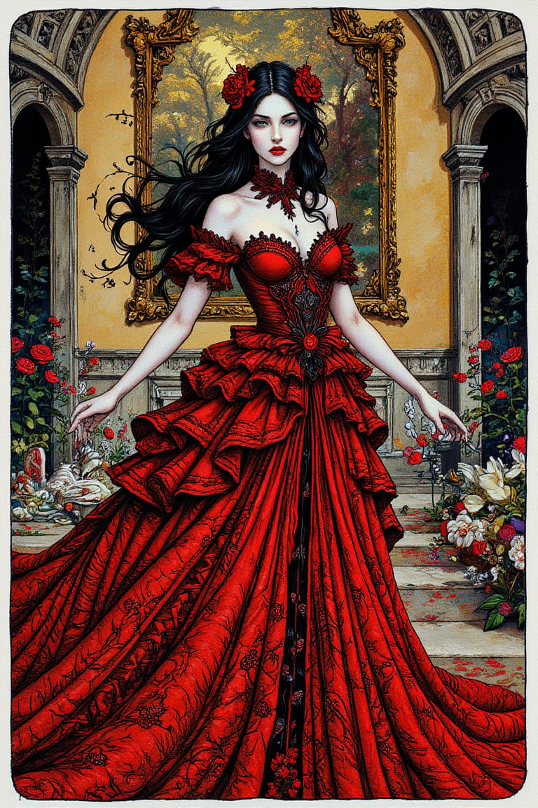 lavishly inked gothic maiden garbed in a billowing red gown painstaking lace captured on Agfa Vista 200 --style raw, zaya