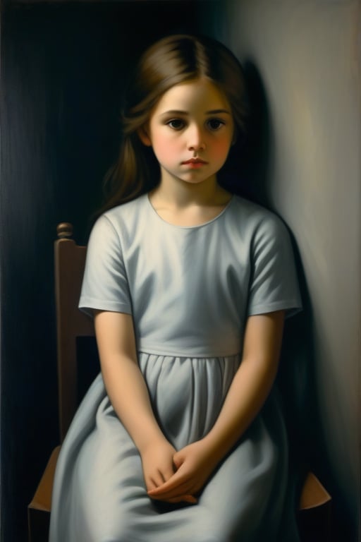 In this portrait, a young girl sits in a chair, her posture reflecting a deep sense of melancholy. She is seated with her knees drawn up in front of her, and her arms are wrapped tightly around her legs, as if seeking comfort and solace from within. Her head rests gently on her knees, her face partially obscured by her arms.
The girl's eyes are large and expressive, filled with a profound sadness that tugs at the heart. She looks up, her gaze directed towards something unseen, conveying a sense of longing or introspection. Her hair falls softly around her face, further framing her delicate features.
The background is simple and muted, allowing the focus to remain entirely on her. The lighting is soft, casting gentle shadows that enhance the depth of her emotions. The overall atmosphere of the portrait is one of quiet sorrow and introspective stillness, capturing a poignant moment of vulnerability and reflection.