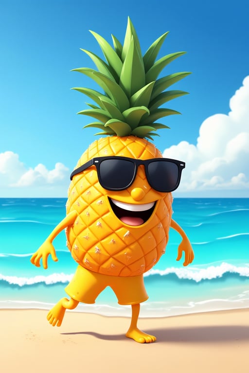 create a happy pineapple, with legs arms, wearing board short, sunglasses on his face, is on the beach