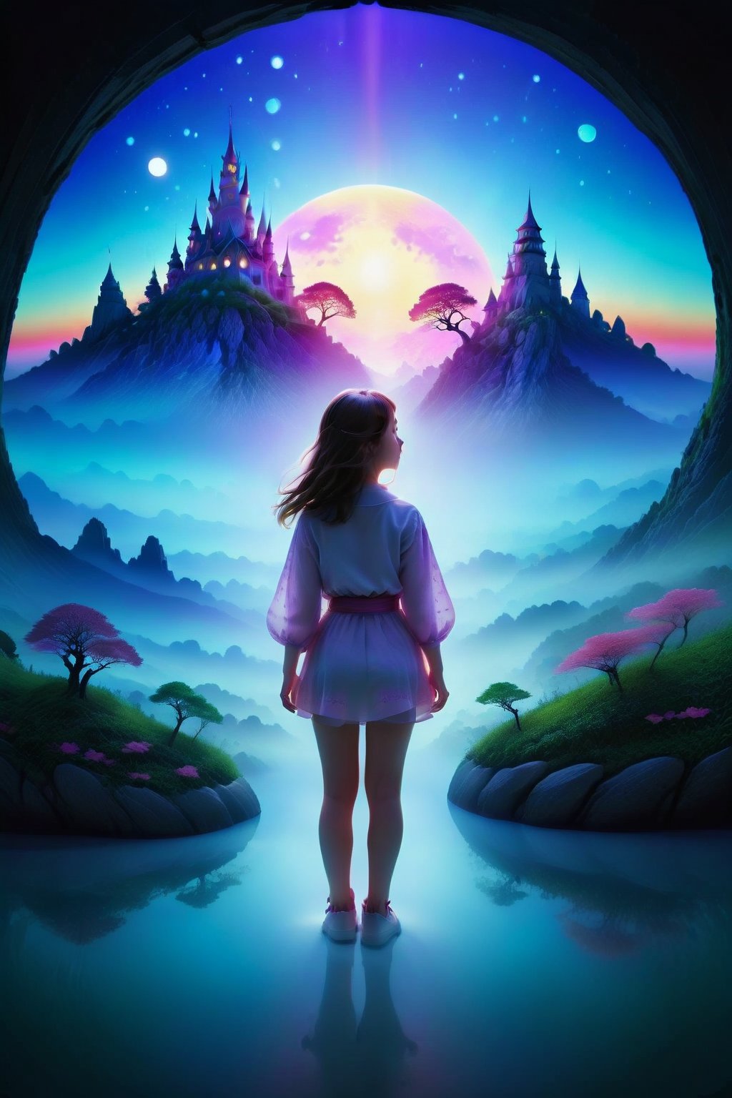 Silhouette of a girl in a scenery of a magical world, fantastic scenery of another world, close-up, double exposure, white background, vibrant colors, Studio Ghibli, StdGBRedmAF, lineart