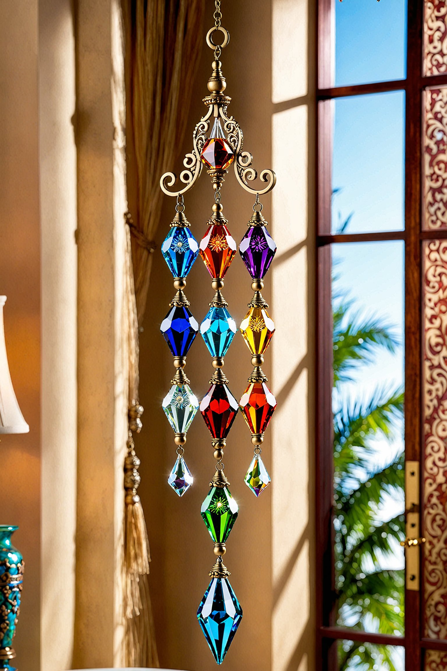 create a unique ornate mix of the below hanging on a pendulem, made of glass, crystal clear,colorful reflections