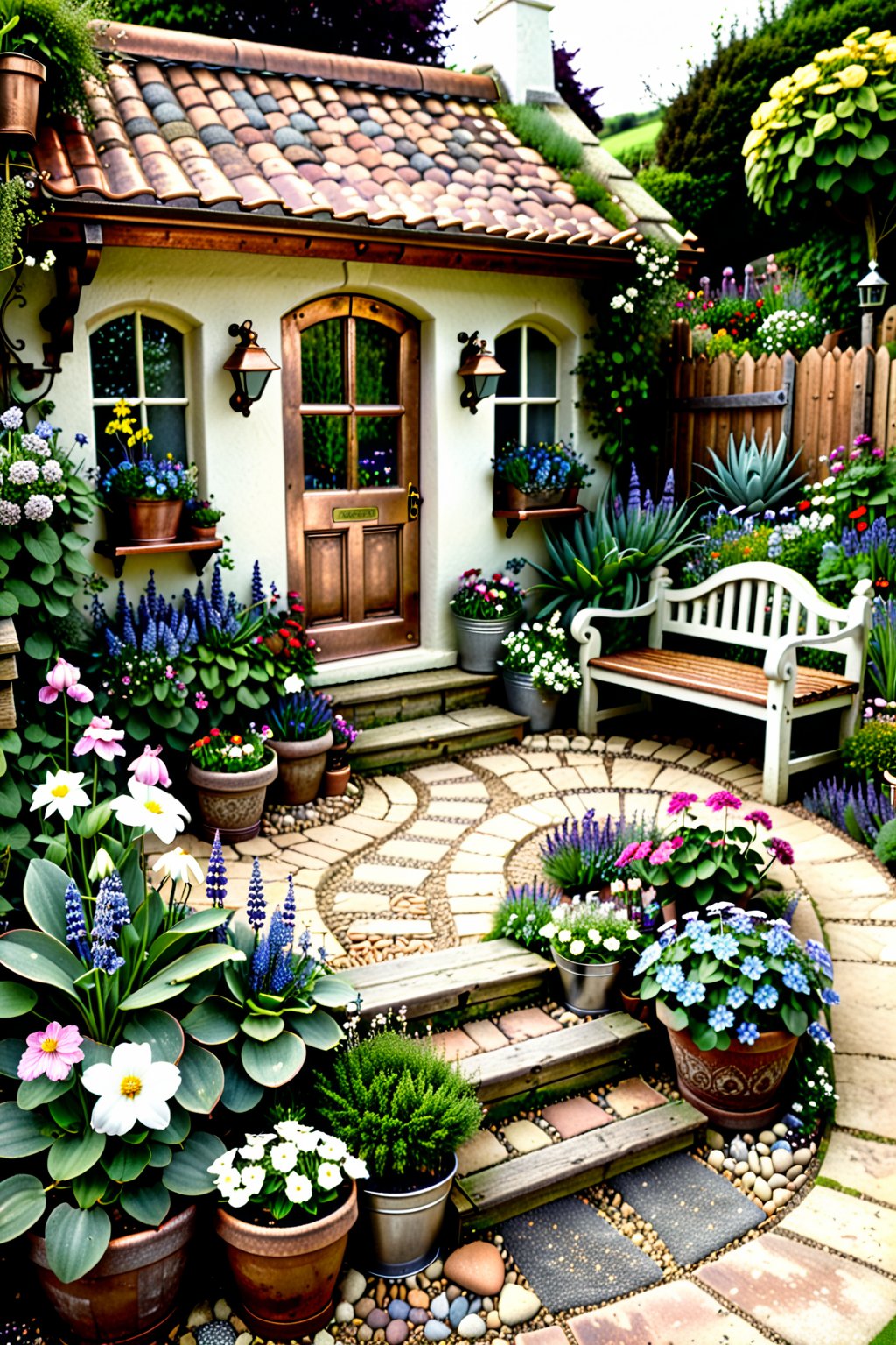 create me an old ornate country style  cottage garden, there are old wooden benches with plant pots on them, old antique copper and stainless stll flower pots full of flowers array the pathway, there is a winding dirt path with pebbles as edging, its avery serene peaceful place,  hayv kahramman sytle