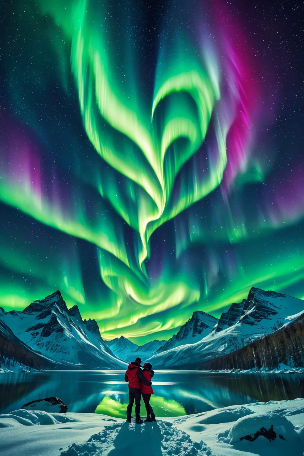 (Heart shaped:1.2) aurora borealis, over snowy mountains, lake, people kissing, high quality, extreme details, masterpiece