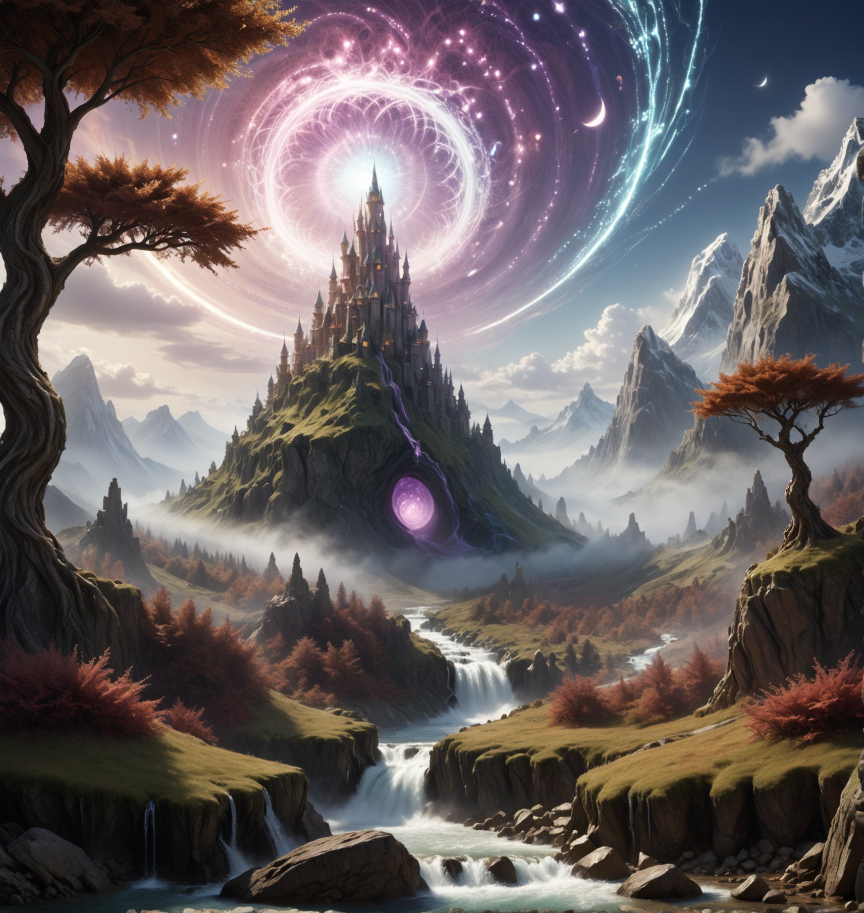 Create a high-definition, fantastical magical mystical landscape