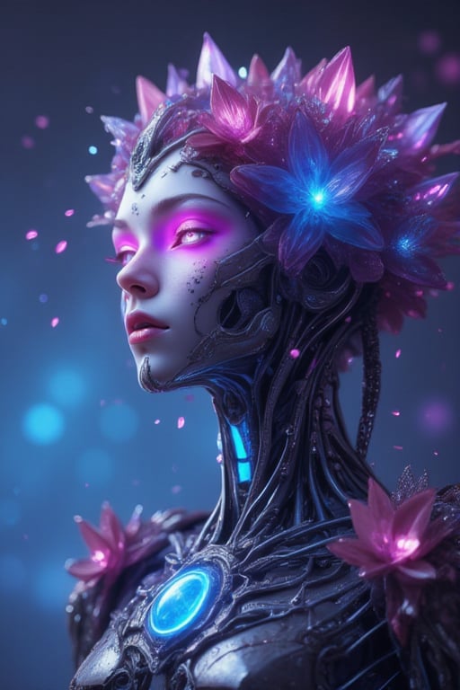 combine the below to create an image beauitful cyborg/human mix with flower essence, looking at camera, light and crystals