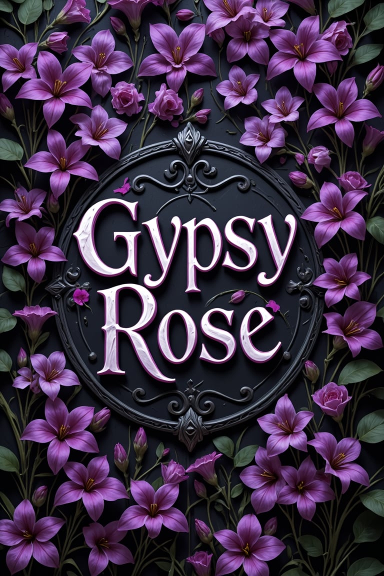 in raindow lettering the text (in gothic style font)) 'Gypsy Rose' behind is purple lilcas flowers everywhere