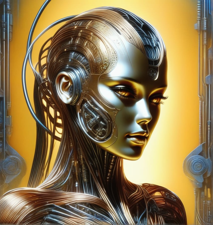 Please create a masterpiece, stunning beauty, perfect face, epic love, Slave to the machine, full-body, hyper-realistic oil painting, vibrant colors, Body horror, wires, biopunk, cyborg by Peter Gric, Hans Ruedi Giger, Marco Mazzoni, dystopic, golden light, perfect composition, col,DonMX3n0T3chXL,DonMCyb3rN3cr0XL ,DonMD347hM374lXL ,wire sculpture