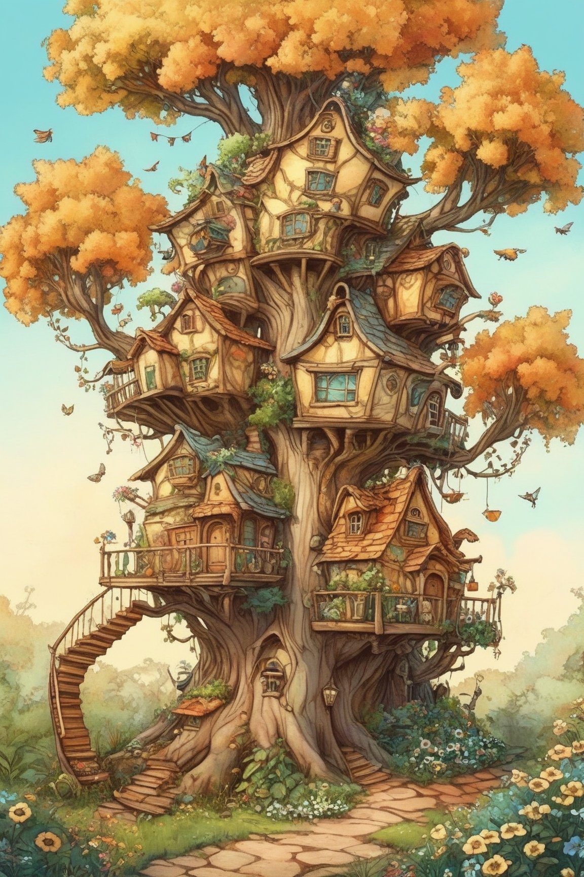 create an image of a big tall busy whimsical treehouse, there are windows and doors, a winding staircase windfs up the side of the tree, there are little flower gardens around and grass 