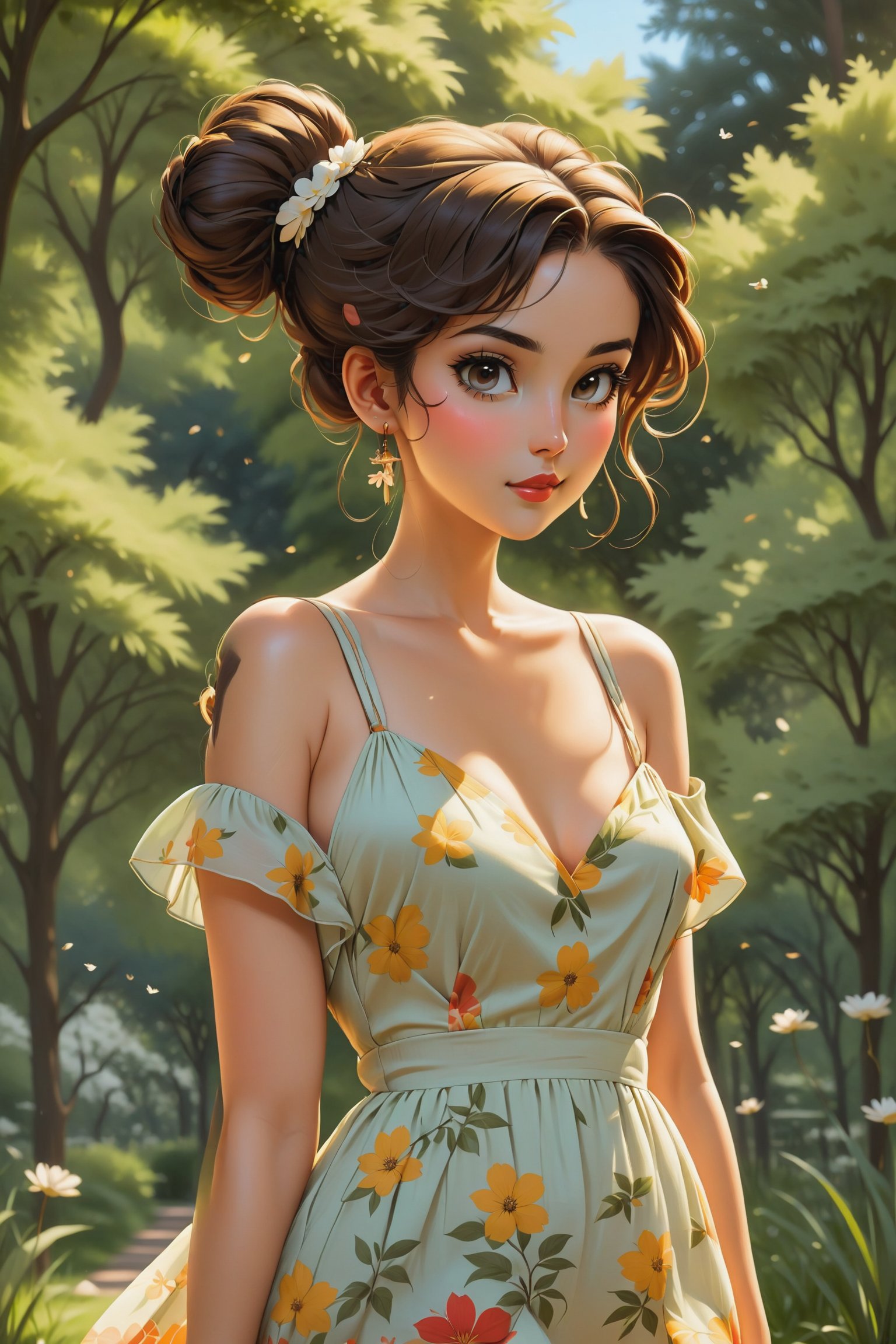 she is walking through a park that is surrounded by trees and gardens, she has a summer dress on, her hair is in a bun on top of her head, she has summer sandals on, sh 
 is beautiful, she is looking up, slight smile on her lips,   high defintion, highly detailed, serene, hayv kahraman style art