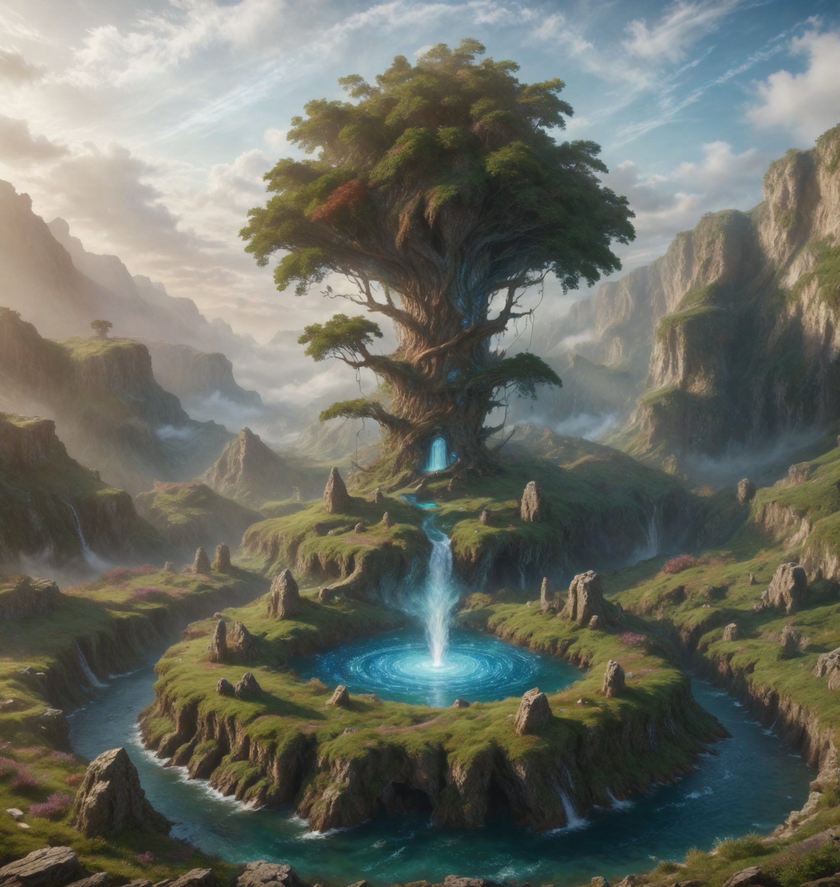 Create a high-definition, fantastical magical mystical landscape