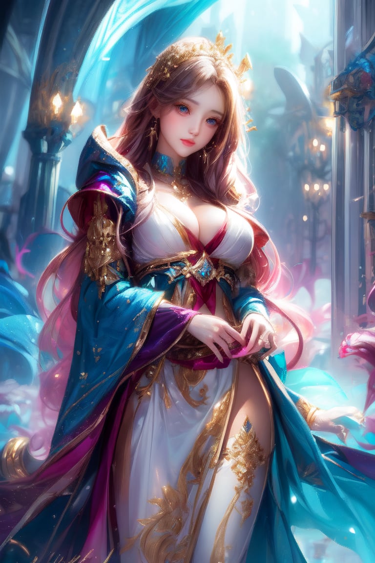 A stunning sorceress, enveloped in prisms of color, is adorned in her most exquisite attire and her finest jewels. fancy light