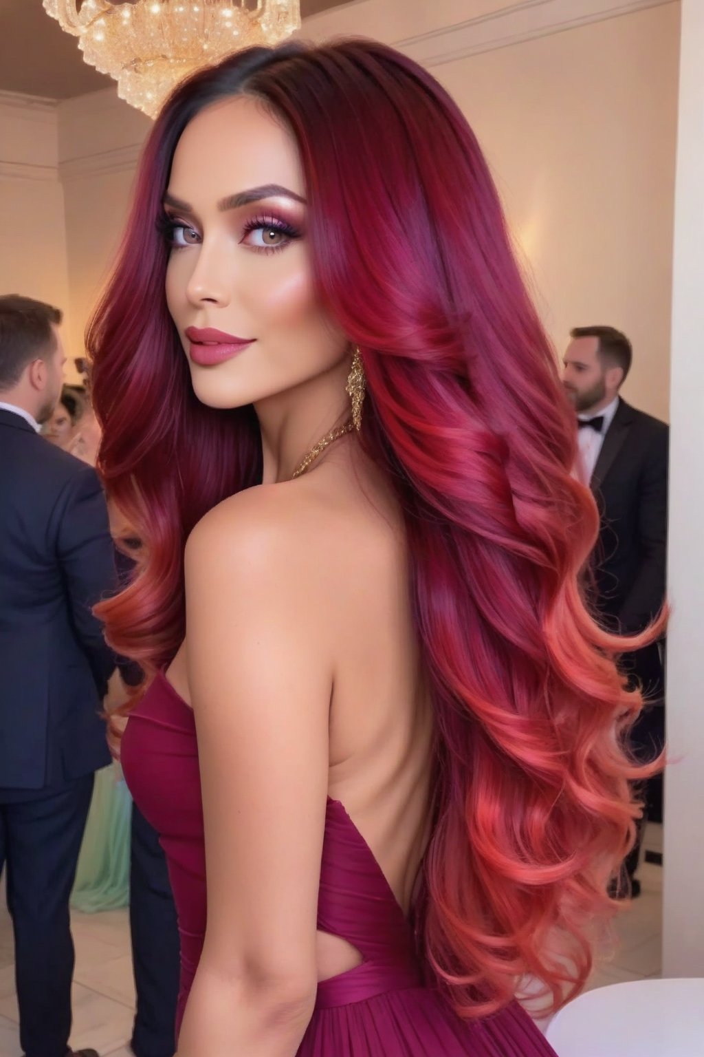 a stunning lady at party, her long vibrant voilet hair draped over one shoulder, , she is pure elegance and grace in her crimson coloured dress, long hair