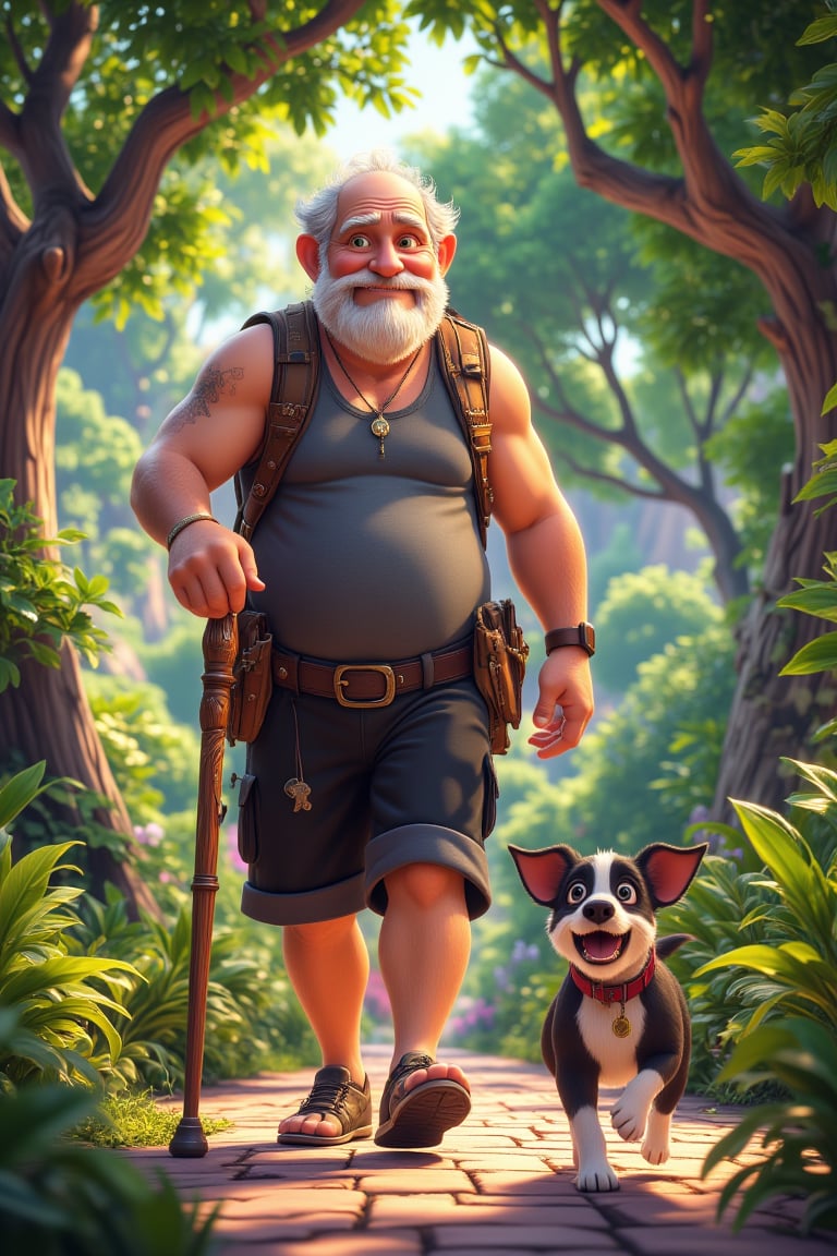 In a lively cartoon-style illustration, depict an elderly, chubby ((bald)) man with a white goatee beard. He is dressed casually in a pair of black shorts and a matching black singlet, enjoying a leisurely walk  beside a peaceful nature forest type walking path, lush, bushy trees and vibrant ferns, creating a serene, natural environment. The man walks with a beautifully carved walking stick, which features a rubber bottom for support. His expression is content and relaxed, clearly enjoying his stroll. Trotting ahead of him is his loyal black and white((more black than and white and smaller)) Fox Terrier dog, full of energy and leading the way with a cheerful bounce in its step. The scene is filled with a sense of peacefulness and companionship, capturing the simple joys of a walk in nature