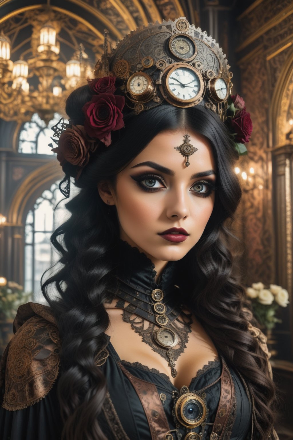 combine steampunk, gothic & boho to create the most beautiful lady, the background is an ornate room filled with ornate decorations and flowers,Goth,dark boho,HZ Steampunk,(((Accurate eyes))),Photorealism:1.4,drkbh