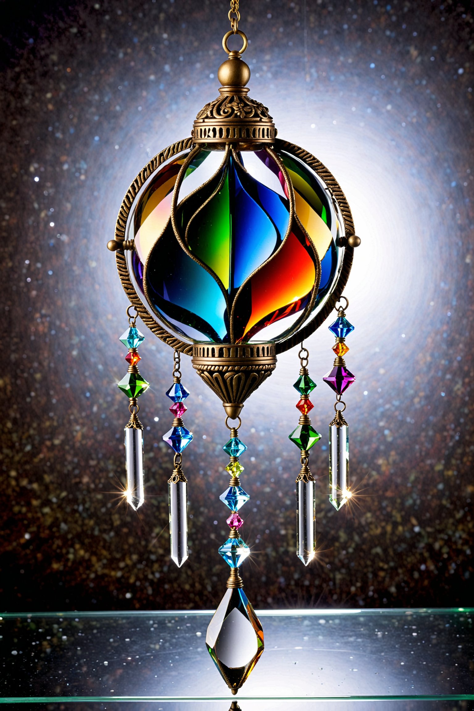 create a unique ornate mix of the below hanging on a pendulem, made of glass, crystal clear,colorful reflections