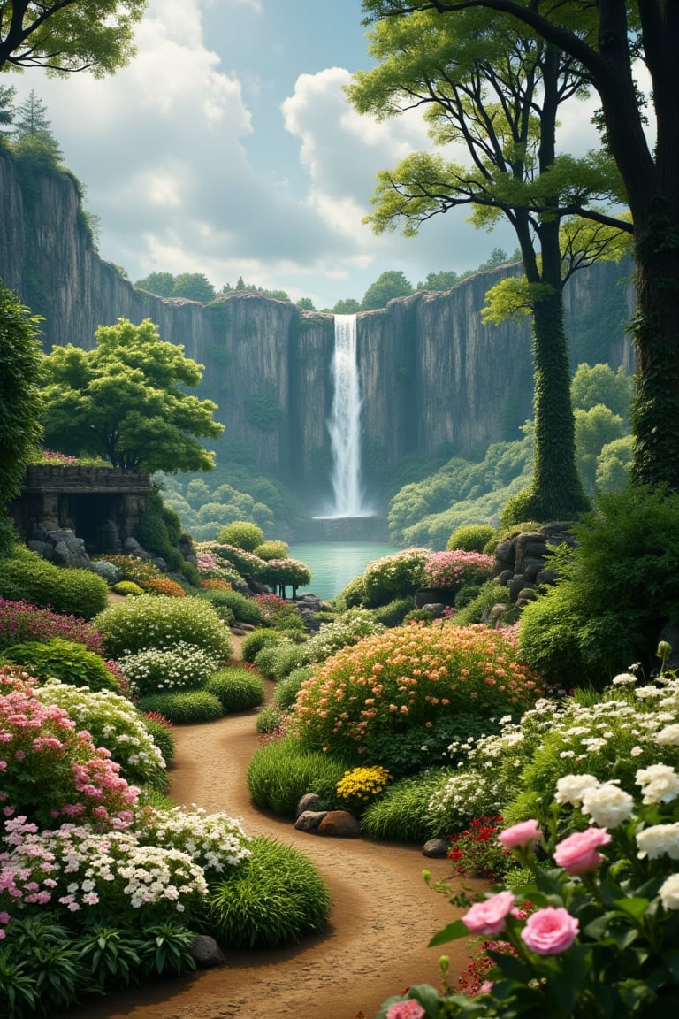 an amazing stunning landscape with trees and flowers