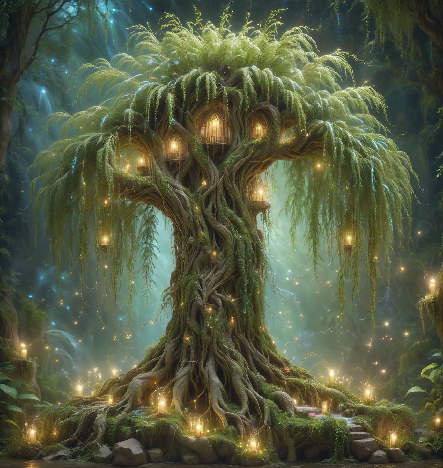 create an beautiful weeping willow tree with fairies, lights, magical, fantasy surroundings