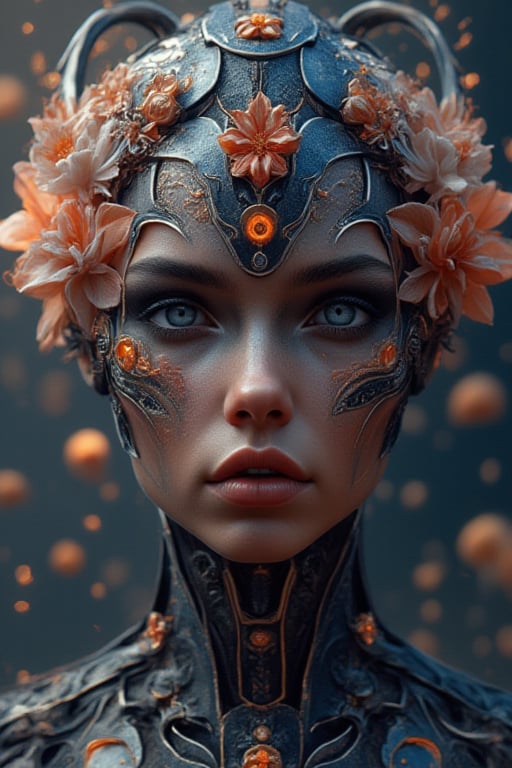 combine the below to create an image beauitful cyborg/human mix with flower essence, looking at camera, front facing