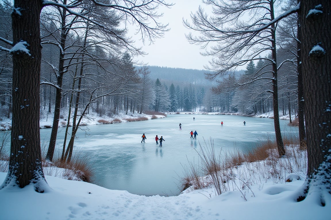 its winter, through an small opening in the forest a small frozen lake surrounded by trees and ground covered in snow, skaters are skating on the ice covered lake