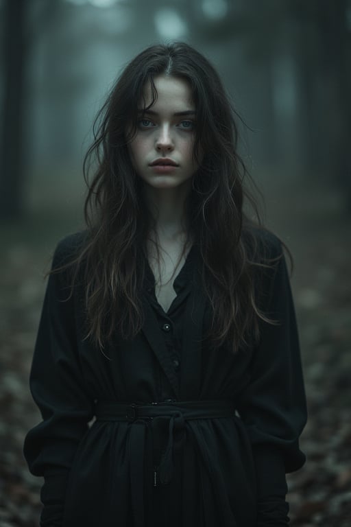 A hauntingly beautiful young woman stands facing the camera in a dramatic composition, 