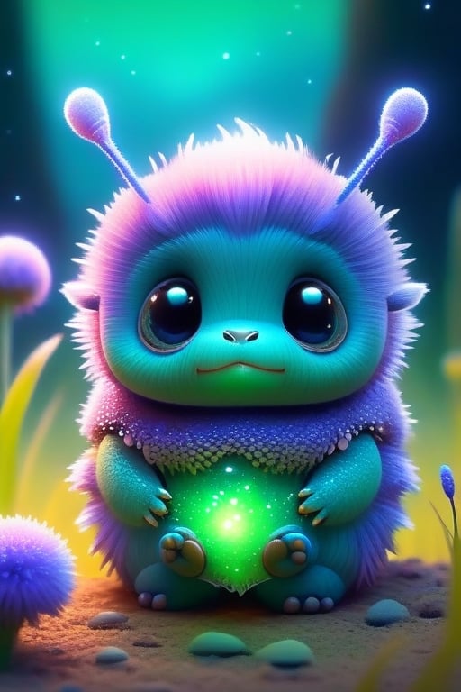 On a tiny alien planet, a cute, tiny alien man sits on the soft, purple grass. He has big, expressive eyes and a friendly smile, his small, green body adorned with tiny antennae. Beside him is his only friend, a little alien caterpillar with vibrant, glowing stripes and many tiny legs. They are both just hanging out, enjoying each other's company, the serene landscape around them dotted with strange, luminescent plants and twinkling stars in the sky. The bond between them is evident as they share a simple moment of companionship.,zhibi,fat