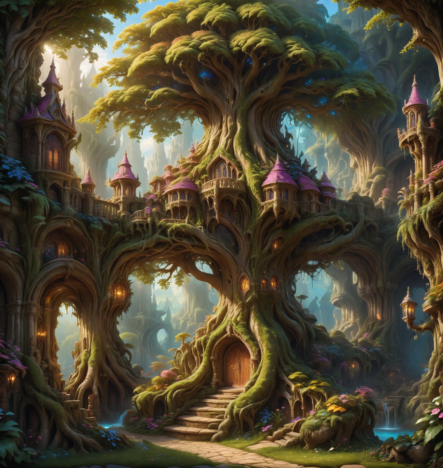 create an gorgeous tree with fantasy surroundings