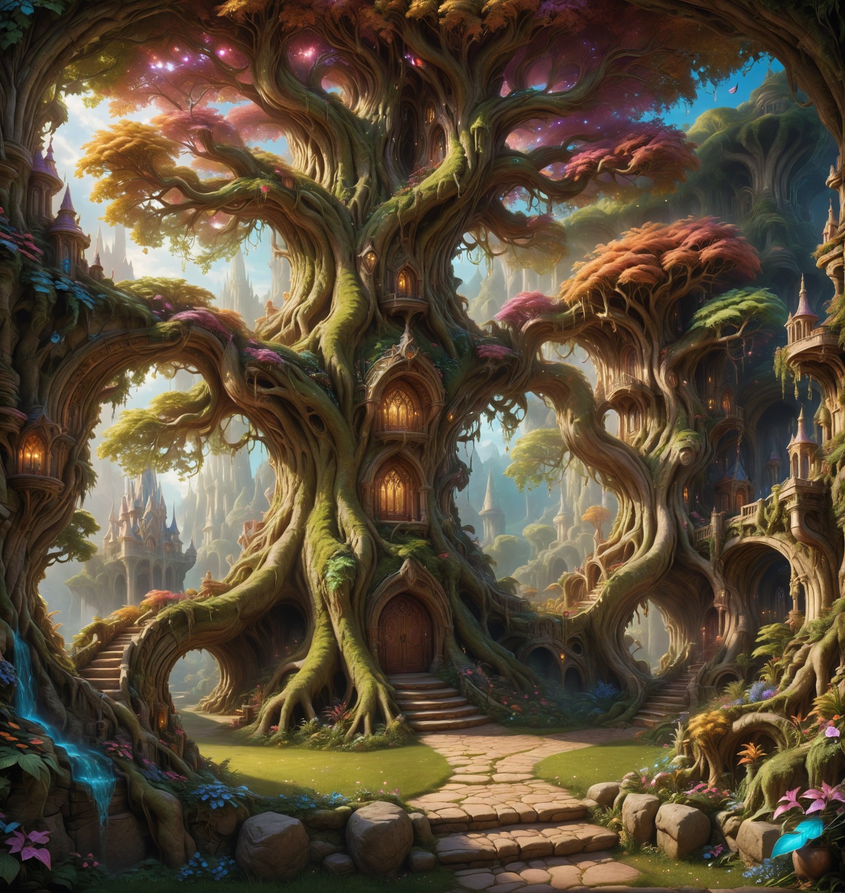 create an gorgeous tree with fantasy surroundings