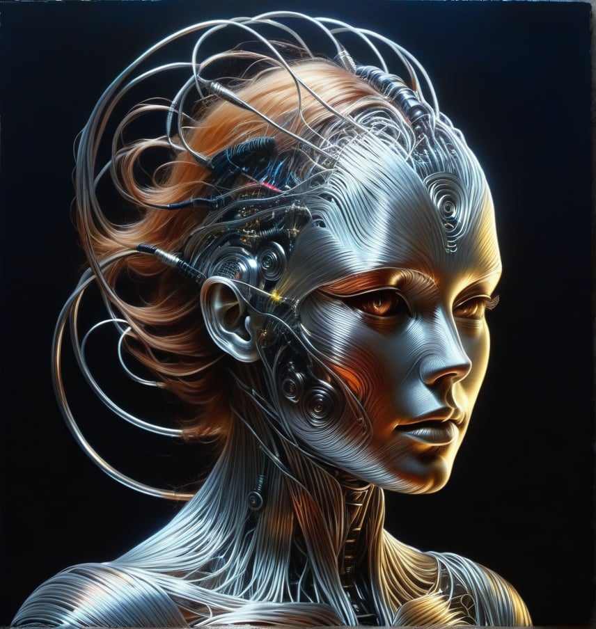 Please create a masterpiece, stunning beauty, perfect face, epic love, Slave to the machine, full-body, hyper-realistic oil painting, vibrant colors, Body horror, wires, biopunk, cyborg by Peter Gric, Hans Ruedi Giger, Marco Mazzoni, dystopic, golden light, perfect composition, col,DonMX3n0T3chXL,wire sculpture,DonM0m3g4XL,DonMW15pXL