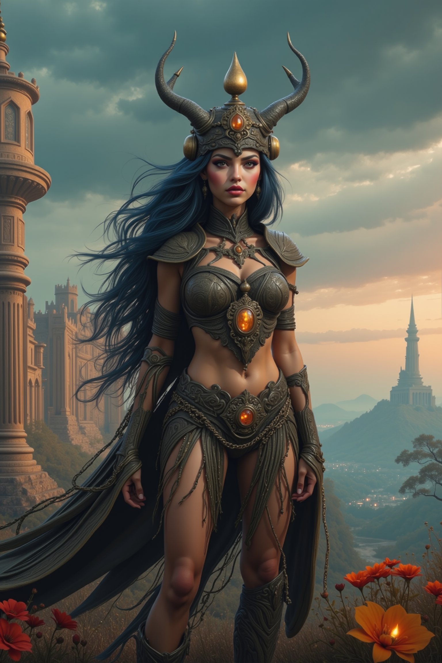 Create an alien female gypsy with an ornate landscape