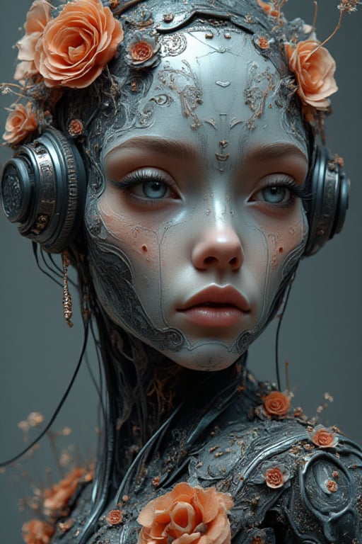 combine the below to create an image beauitful cyborg/human mix with flower essence, looking at camera, front facing