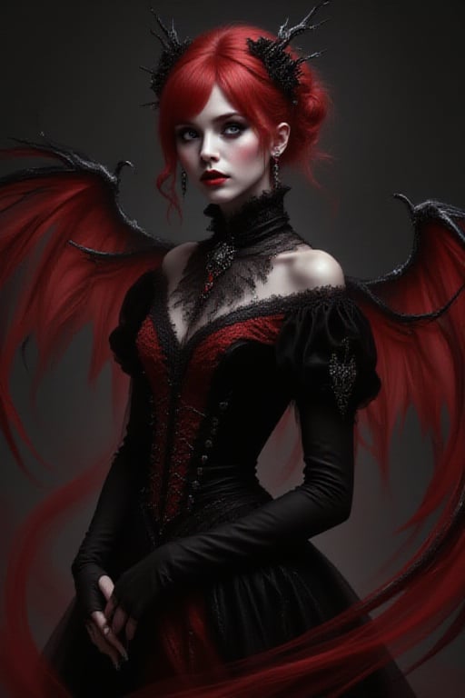 goth/angel combination, her hair is red, her gown is black and red velvet, her make up is goth, jewels, perfect, beautiful