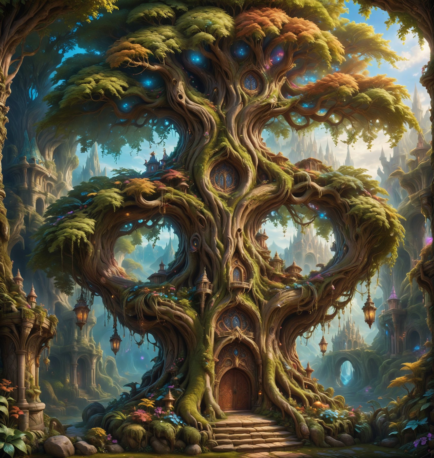 create an gorgeous tree with fantasy surroundings