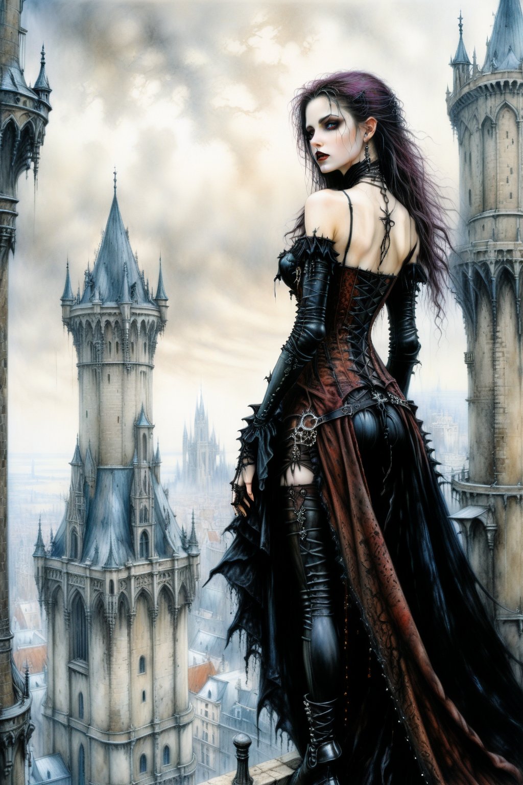 
A beautiful adventuress , gothic clothes standing on to of the tower overlooking a big city. Luis Royo, Grzegorz Rosiński, detailed background, dark fantasy, comic illustration, masterpiece, realistic,goth person,LegendDarkFantasy,Landskaper