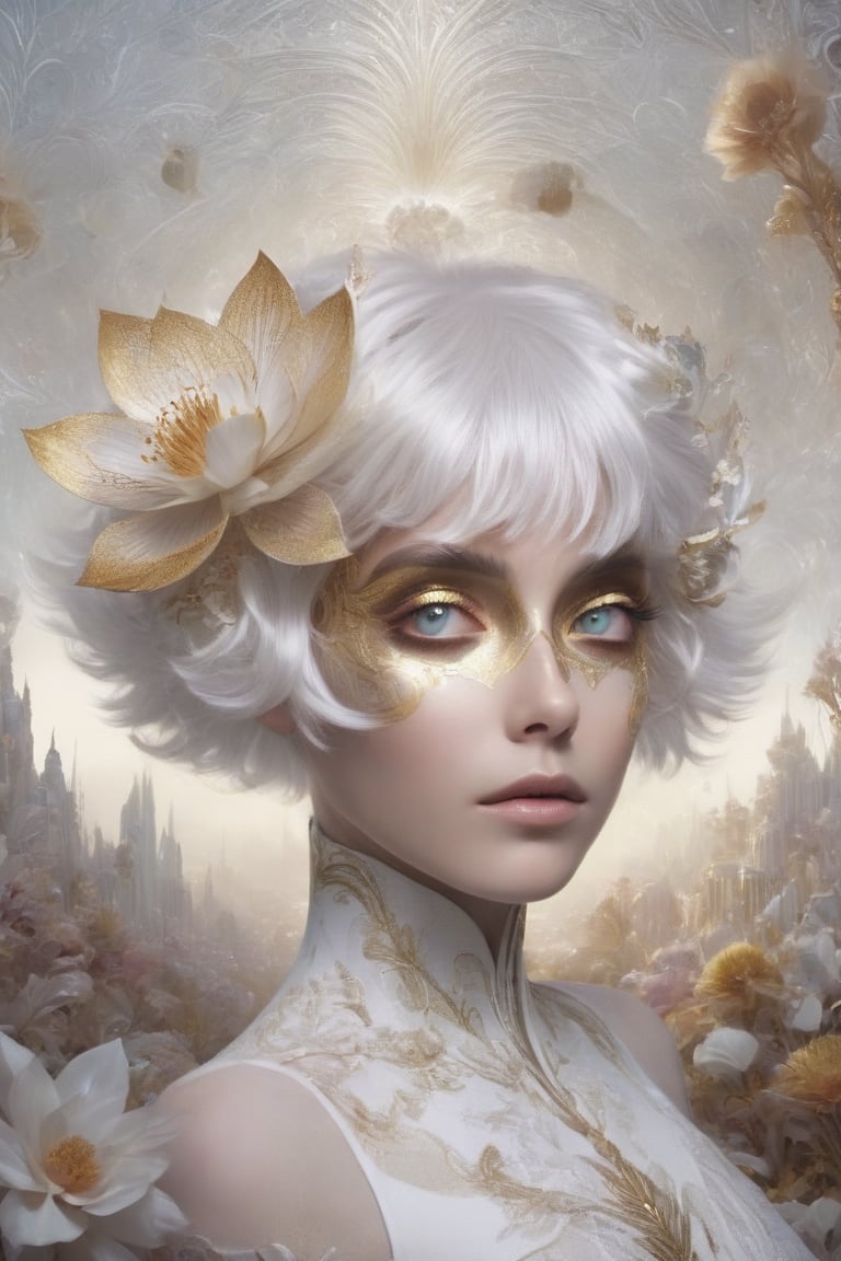 silver/white hair, gold eyes, ornate, fantastical landscapes, flowers

,futuristic,Flora