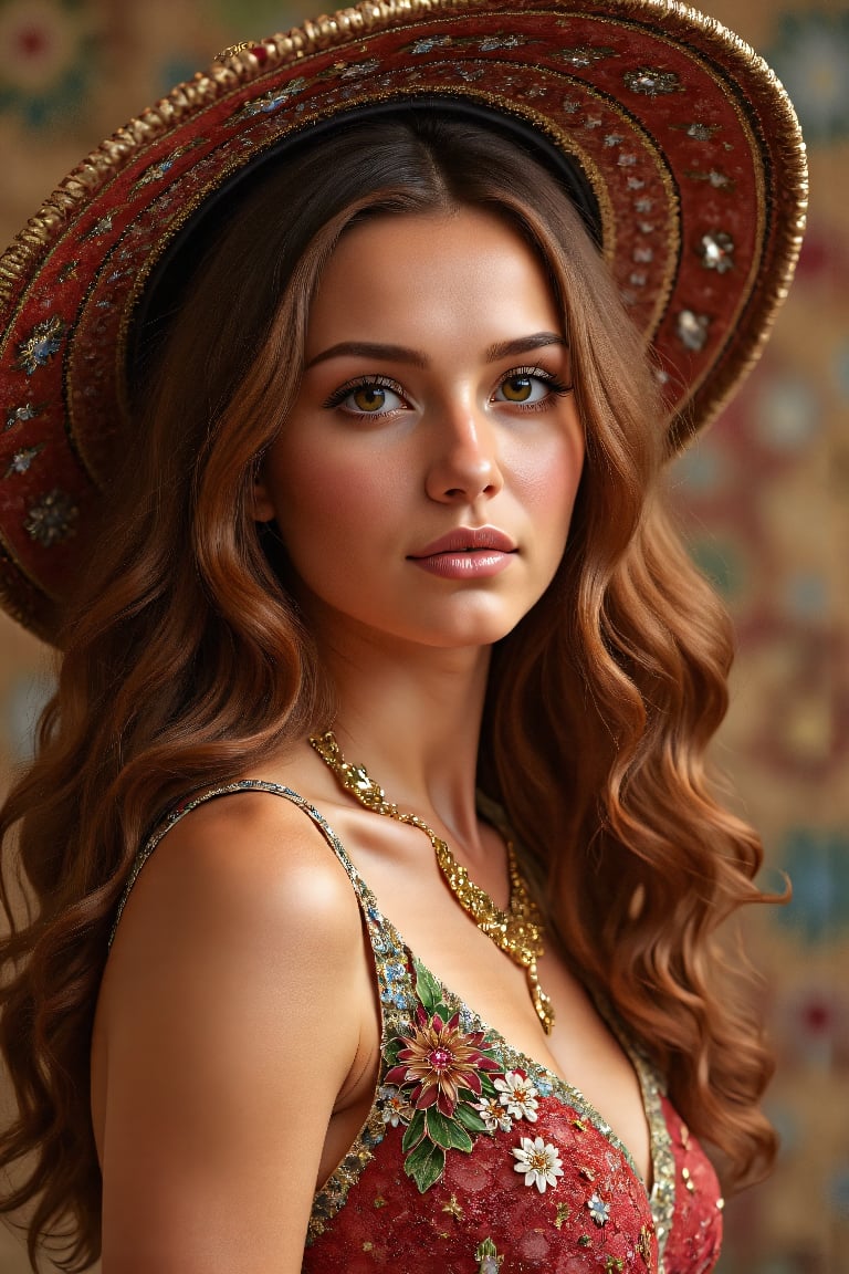 combine me all of the below to create a boho female who is around ornate surroundings