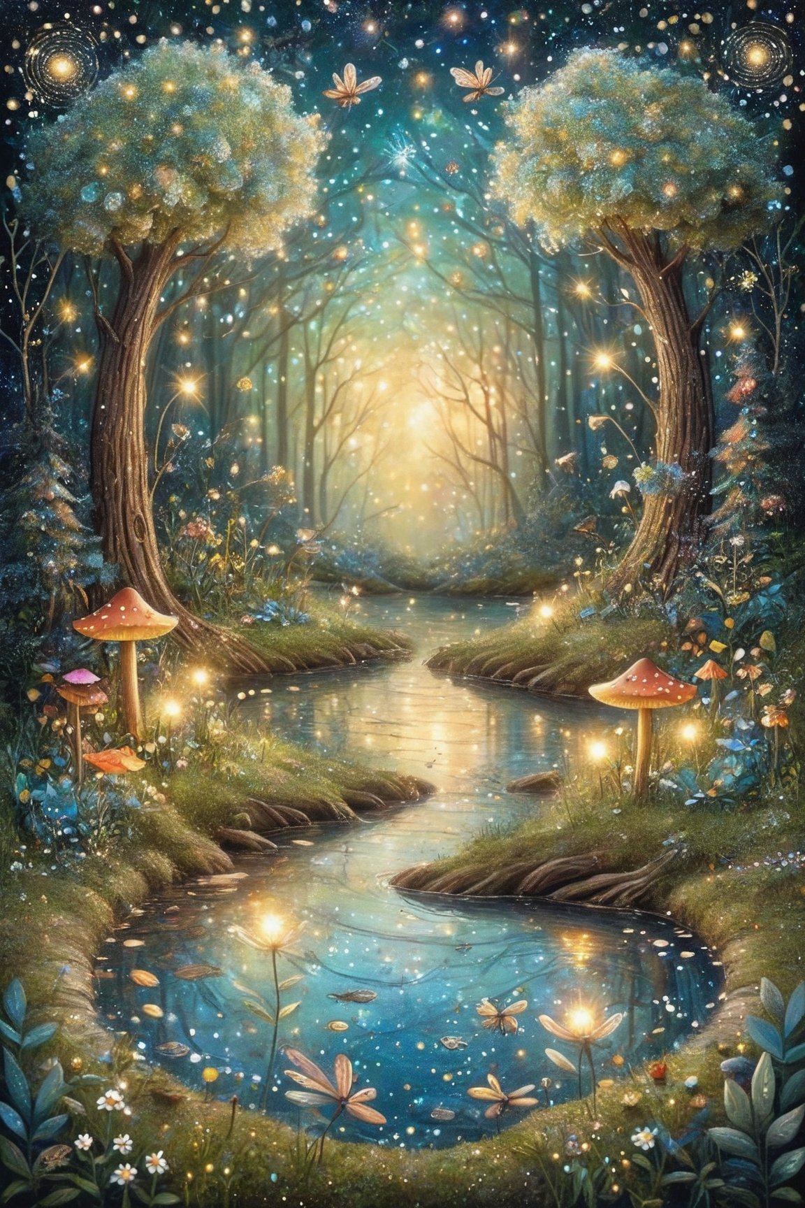 create a whimsical magic forest scene at night, fireflies, the stars are shining in the sky, the mooonlight refelcts the magicla flowers and trees, a small brook ripples gently,glitter,BugCraft