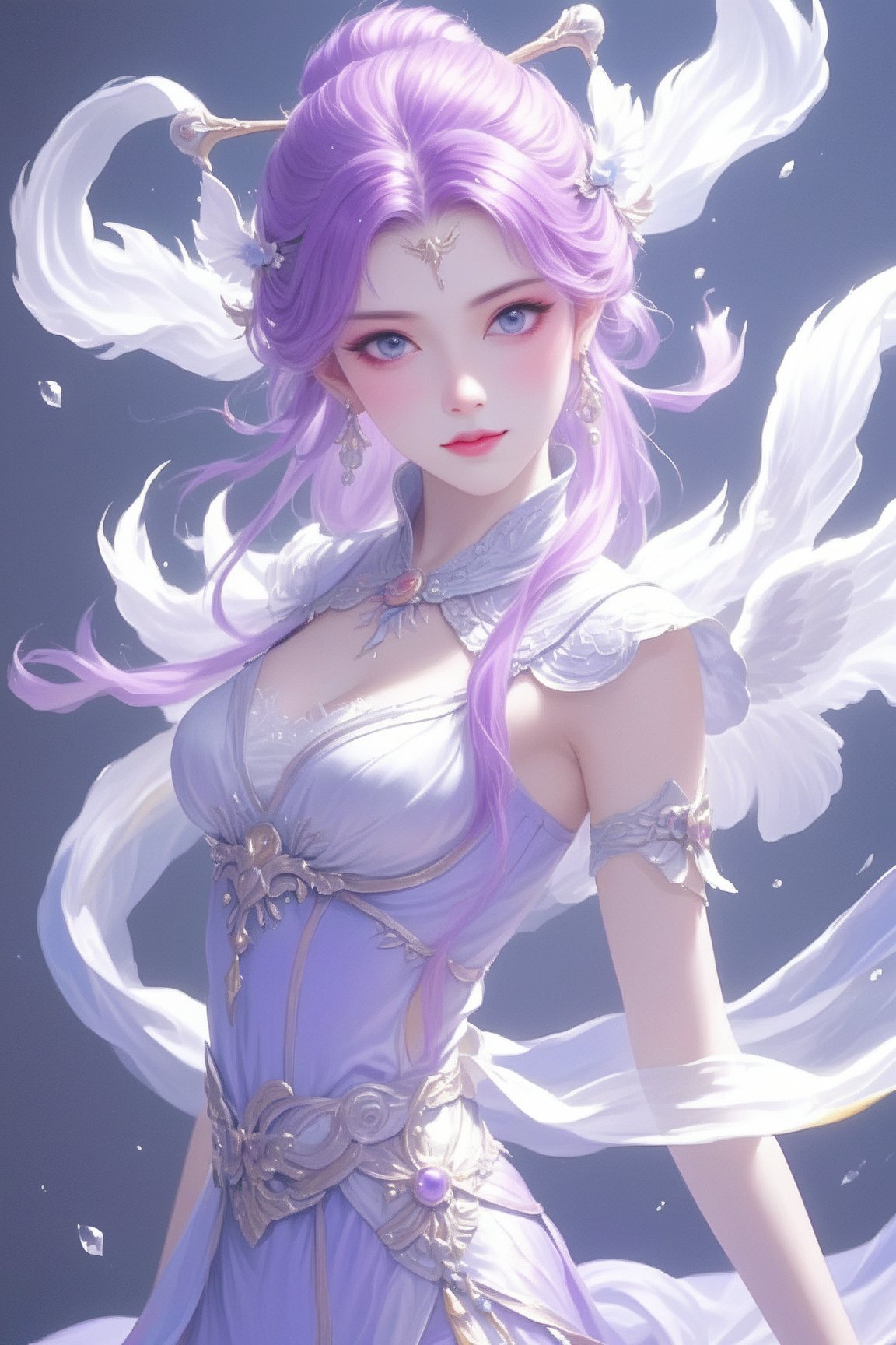 Fantasy,woman,long,flowing purlple hair,wings,adorned with jewels ,lilac silk dress flows in the wind,hyper-realistic,hyper-detailed,cinematic,dramatic.