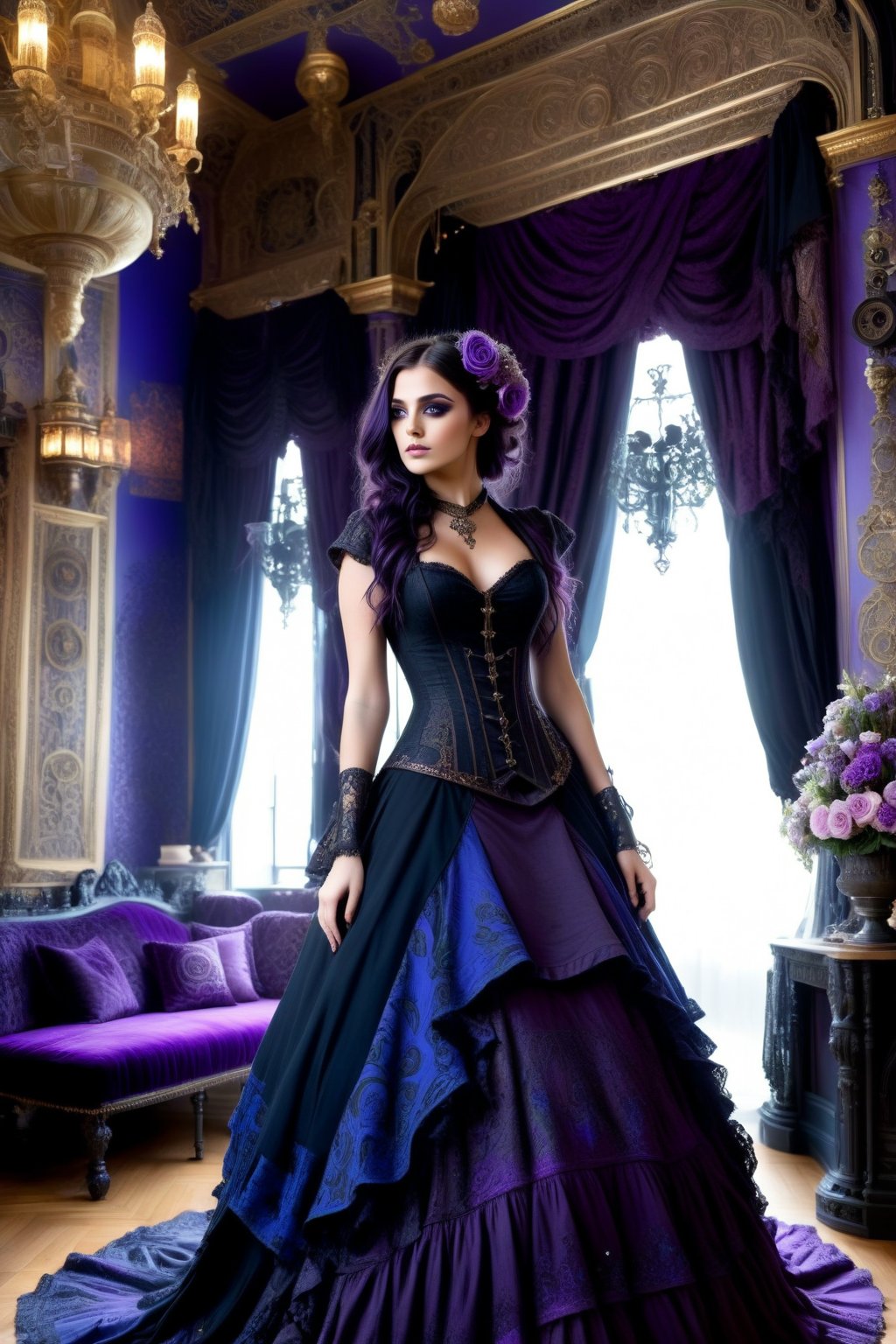 combine steampunk, gothic & boho to create the most beautiful lady,(( the background is an ornate room filled with ornate decorations and flowers)), her hair is streaks of purple, lilac and blck, her dress is blue, Goth,dark boho,HZ Steampunk,(((Accurate eyes))),Photorealism:1.4,drkbh