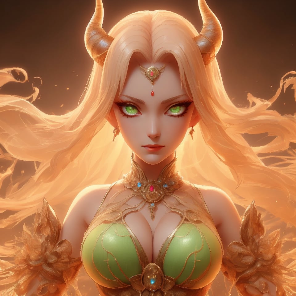 A stunning albino demon princess, dressed in her finest attire and jewelry, gazes at you with large, luminous green eyes. Her intricate horns rise majestically from her head, embodying nothing but perfection.
