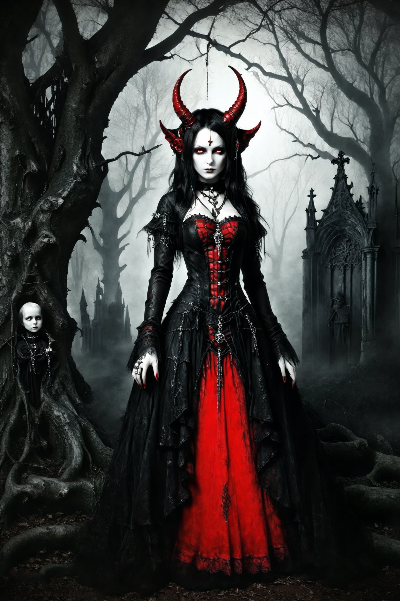 a gothic female demon, fressed in red and black, gothic jewellery, evil look, she is standing by a tree, just staring, full body shot whiteeyes, ,gothicstyle