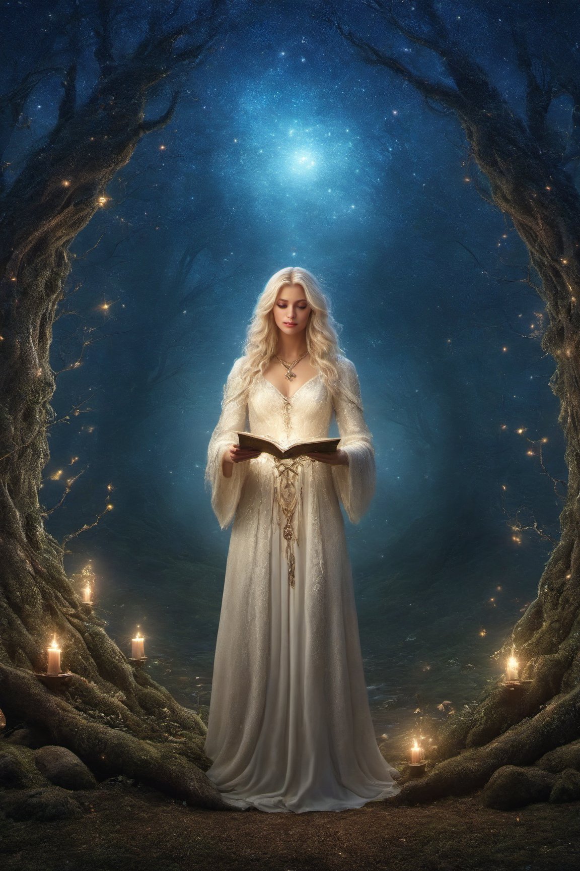 A beautiful witch wearing white robe, reading a grimoire in a starry night, in an enchanting forest, surrounded by mystical atmosphere and magical ambiance, glitters, glowing particles, misty. (masterpiece, top quality, best quality, official art, beautiful and aesthetic:1.2), (1girl:1.4), upper body, blonde hair, portrait, extreme detailed, fantasy art, intricate arcane wiccan designs, ,yennefer ,garter straps,glitter,fairytale
