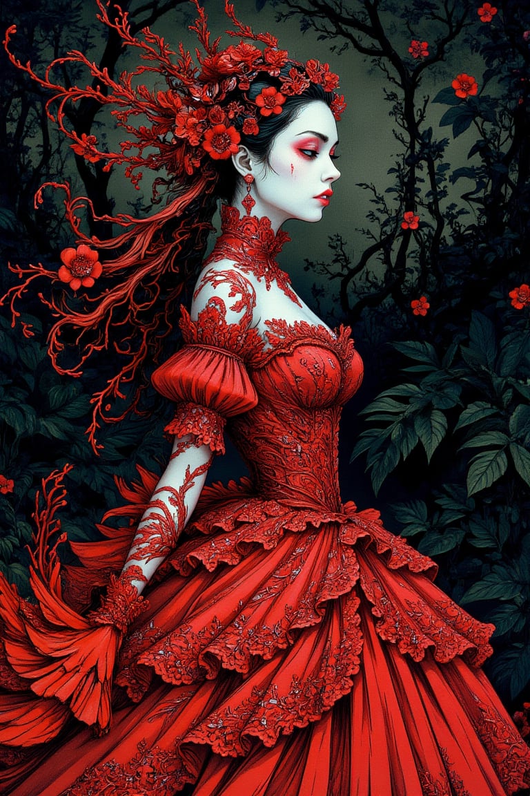 lavishly inked gothic maiden garbed in a billowing red gown painstaking lace captured on Agfa Vista 200 --style raw, zaya