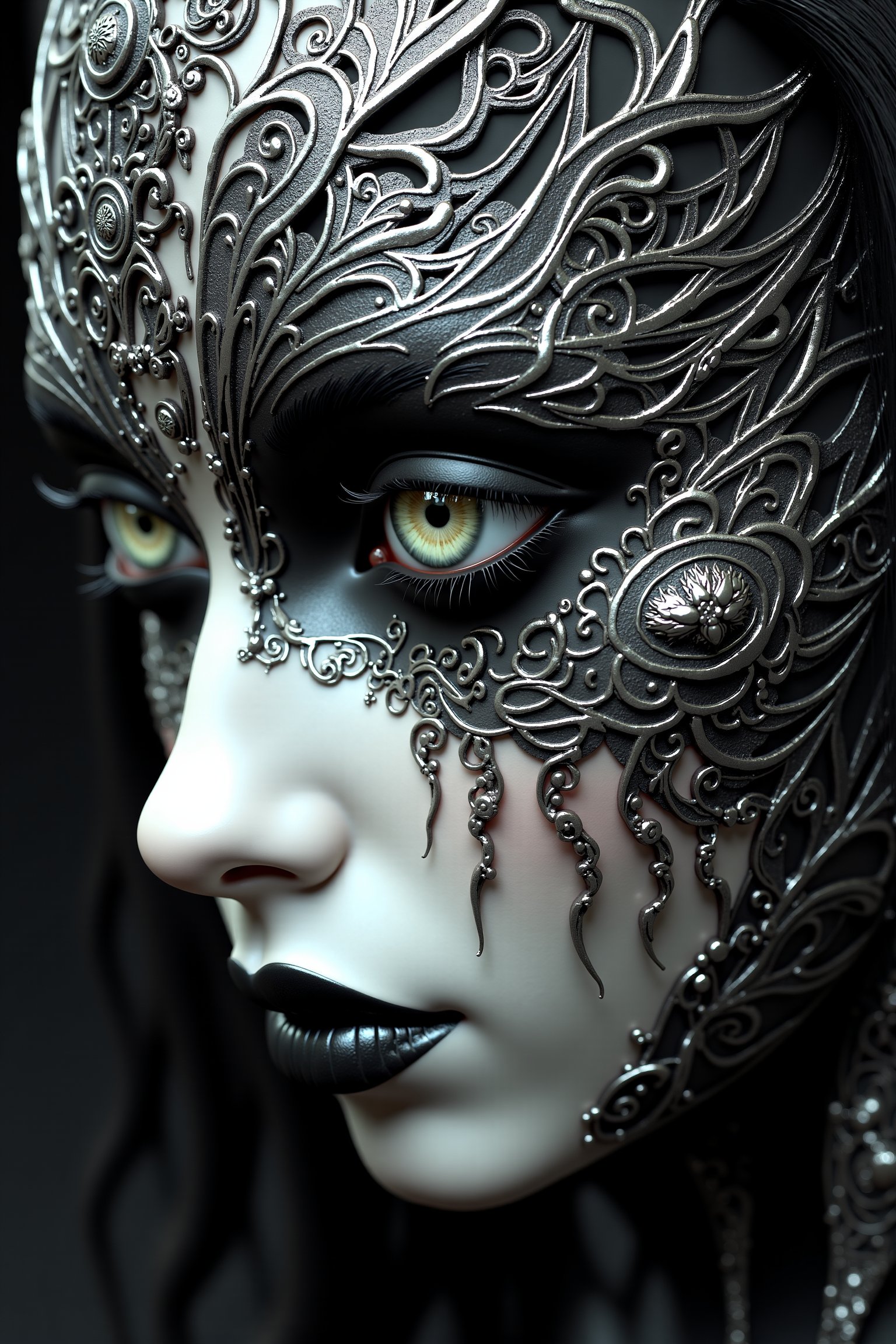 (Black and white, intricate details, close-up of a woman's face with an intricate design, 3DCGI anime fantasy artwork, necro, detailed patterned skin, abstract fragments, impressive eyes, mixed media, 3D rendering Silver painting, symmetrical beauty, ambient occlusion rendering, psytrance), Detailed Textures, high quality, high resolution, high Accuracy, realism, color correction, Proper lighting settings, harmonious composition, Behance works,ct-niji2,xxmix_girl,goth person