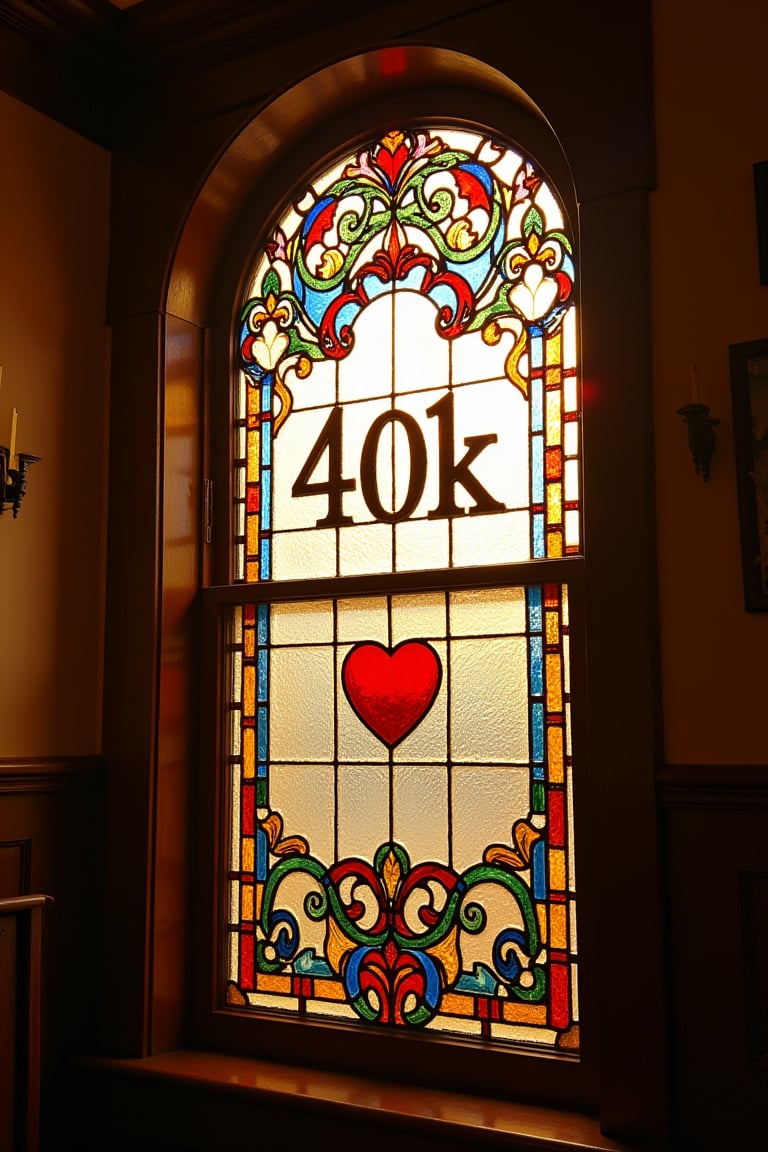 A beautiful stained glass window set in an old-fashioned country cottage. The window is adorned with intricate designs, showcasing a blend of colorful patterns and delicate craftsmanship. As the sun shines through the glass, the light creates a vivid display of colors that dance across the room. In the center of the stained glass, the text '40k' is prominently featured, with the light highlighting and enhancing the lettering. Beneath the text, a small, elegant love heart is crafted within the glass, glowing softly in the sunlight. The overall atmosphere is warm and nostalgic, with the stained glass window serving as a charming focal point in the cozy, rustic setting of the cottage