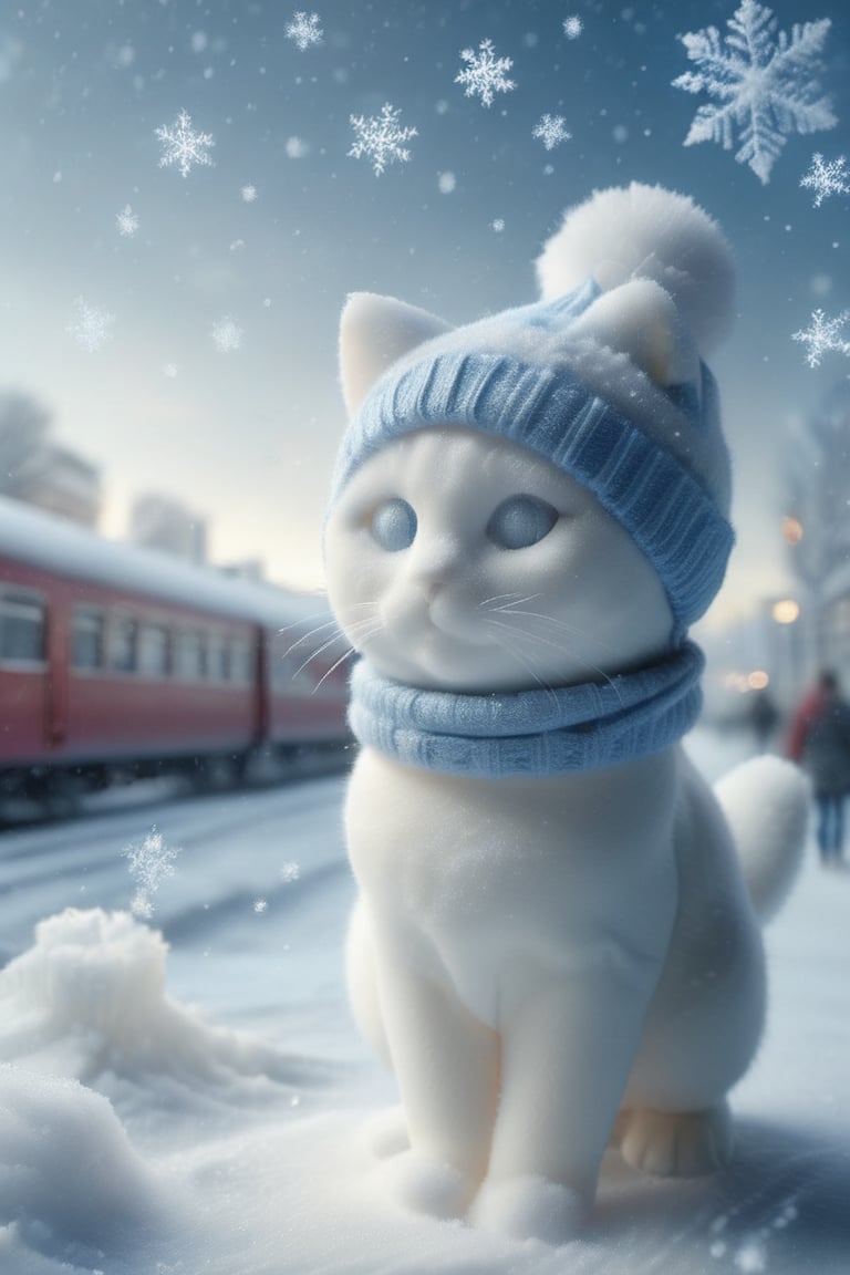 masterpiece, (photorealistic:1.4), 2 cats, walking, realistic, hat, ((holding)), standing, bag, scarf, blurry, coat, no humans, depth of field, blurry background, animal, cat, walking, realistic, beanie, winter clothes, ((UK style clothes)), animal focus, suitcase, clothed animal, falling_snow, at train station,zhibi,DonMSn0wM4g1cXL,made of snow