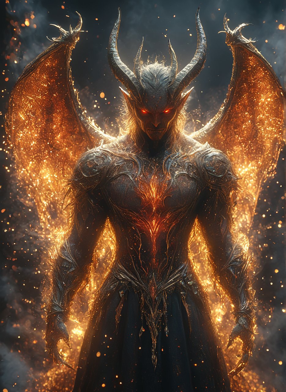  a devil  orns on his front made of gold and fire, glowing light particles and sparkles in the style of glitter and diamond dust, hyper-realistic fire, fairycore, hkmagic, masterpiece, best quality, highly detailed, sharp focus, dynamic lighting,cip4rf,hkevil